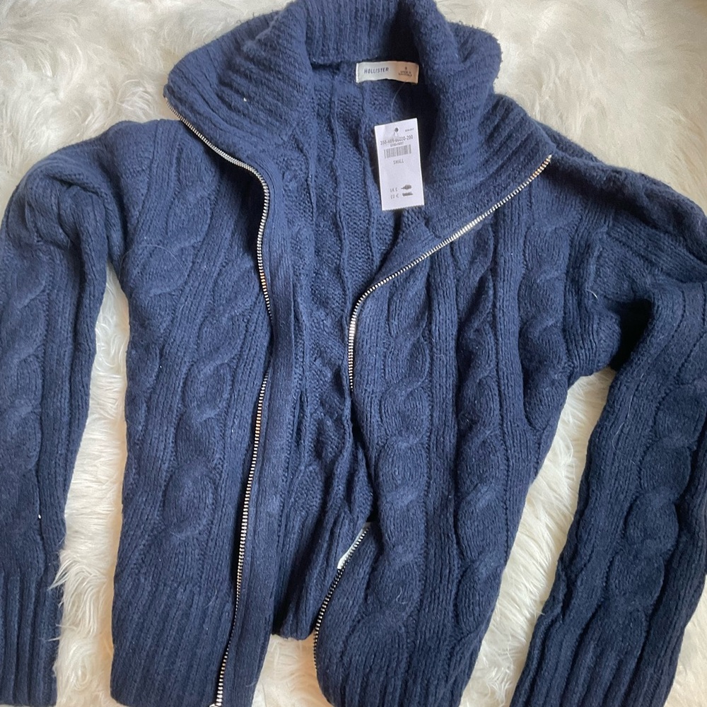 Hollister Navy Textured Zip-Up Sweater